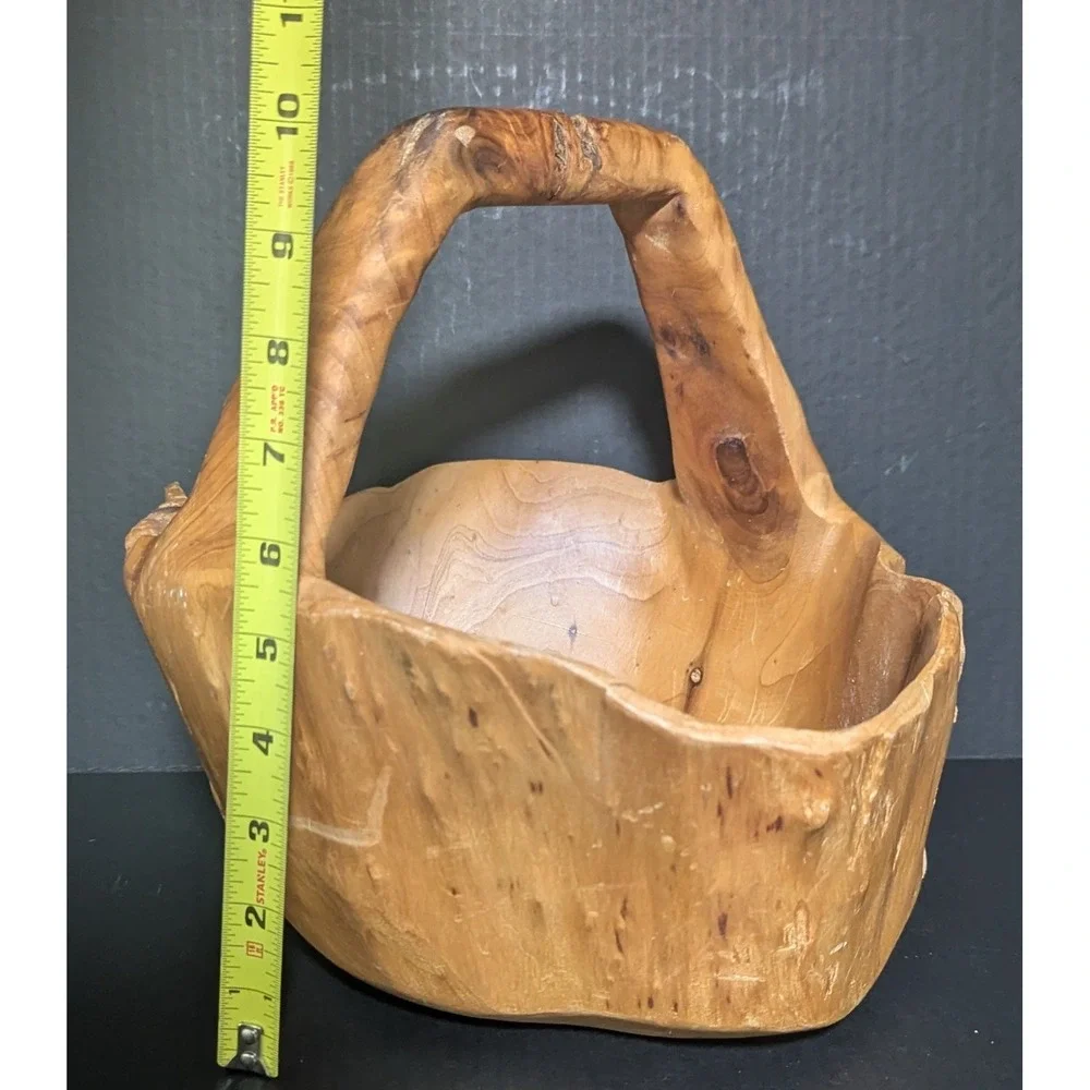 Vintage Hand Carved Burl Wood Rustic Wooden Basket with Handle So Much Character